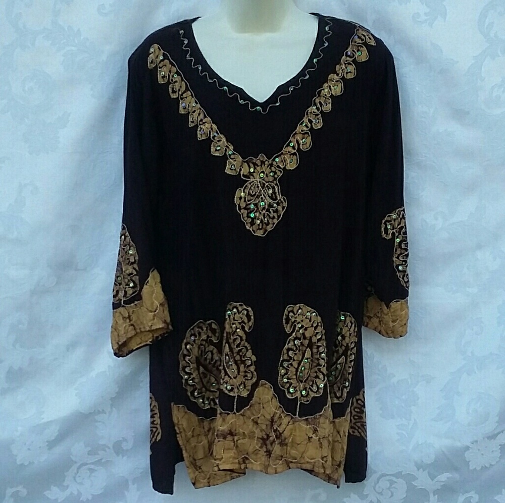 Woman's Top Blouse Pullover Large Brown Embellished / Donation